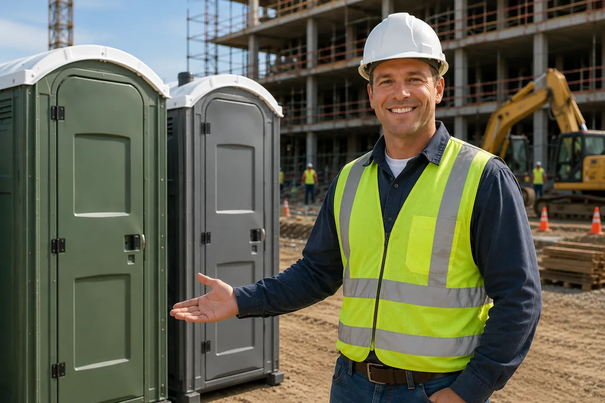 Construction worker showing off porta potty rental units on a job site